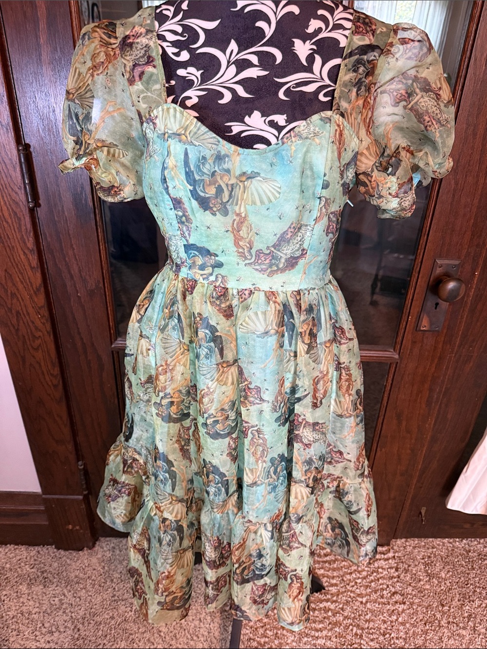 Floral Mint Green Puff-Sleeve Midi Dress